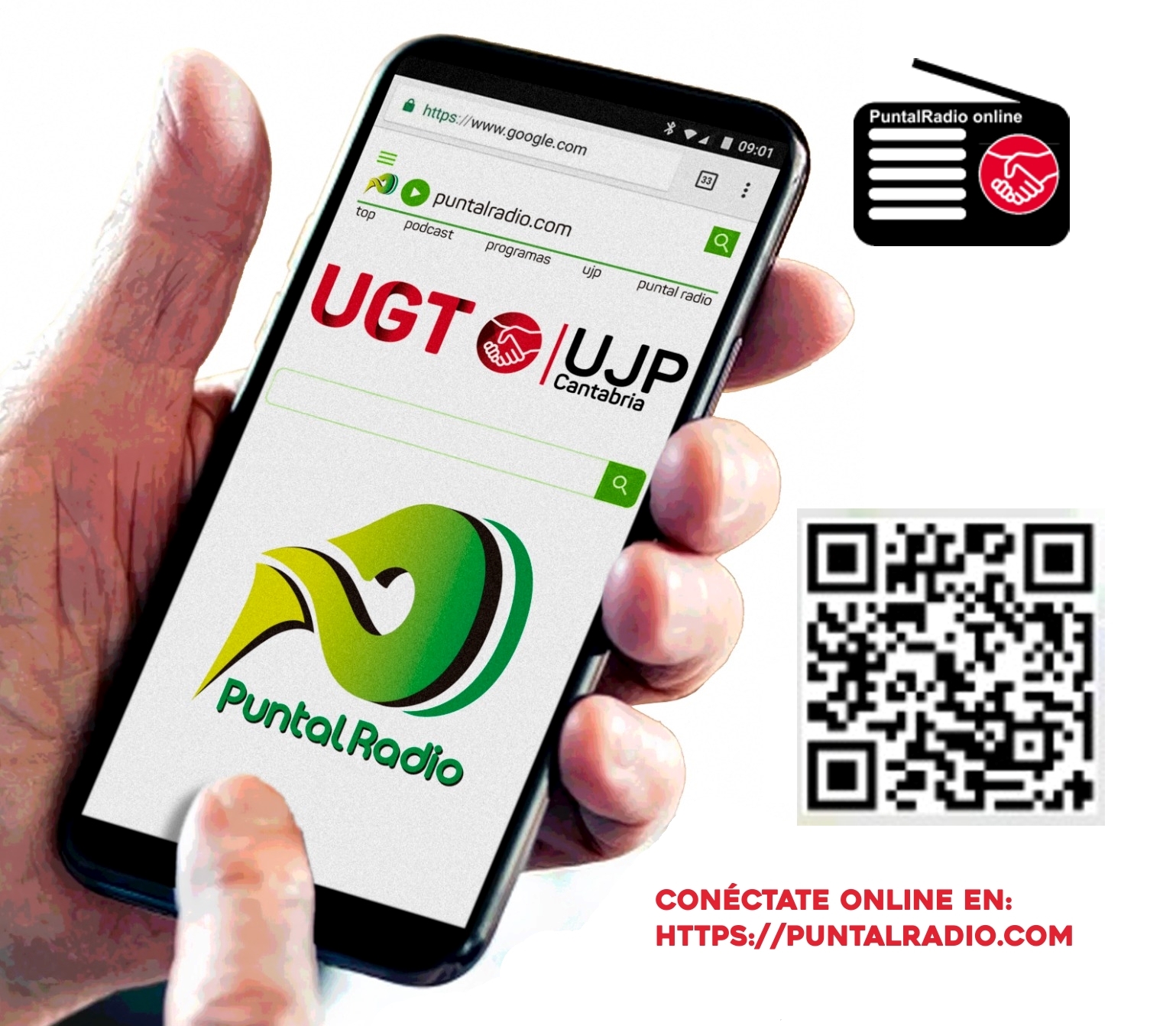 Promoción de Puntal Radio en un teléfono móvil con acceso online y código QR.